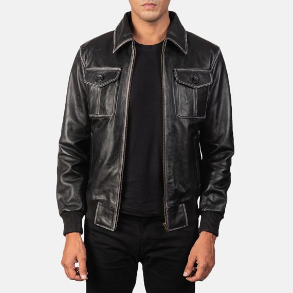 Aaron Black Leather Bomber Jacket front