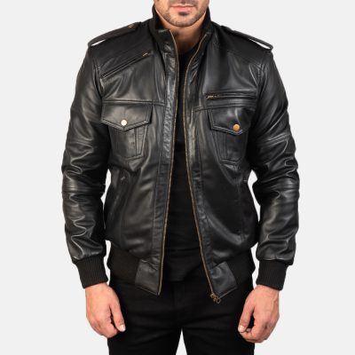 Agent Shadow Black Leather Bomber Jacket front