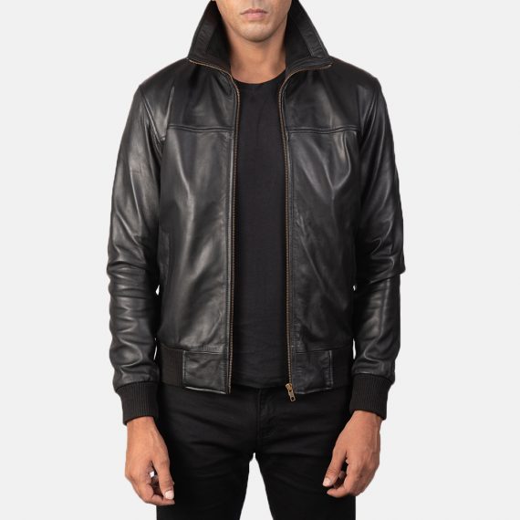 Air Rolf Black Leather Bomber Jacket front