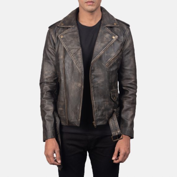 Allaric Alley Distressed Brown Leather Biker Jacket front
