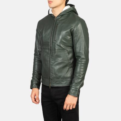 Baston Green Hooded Leather Bomber Jacket front