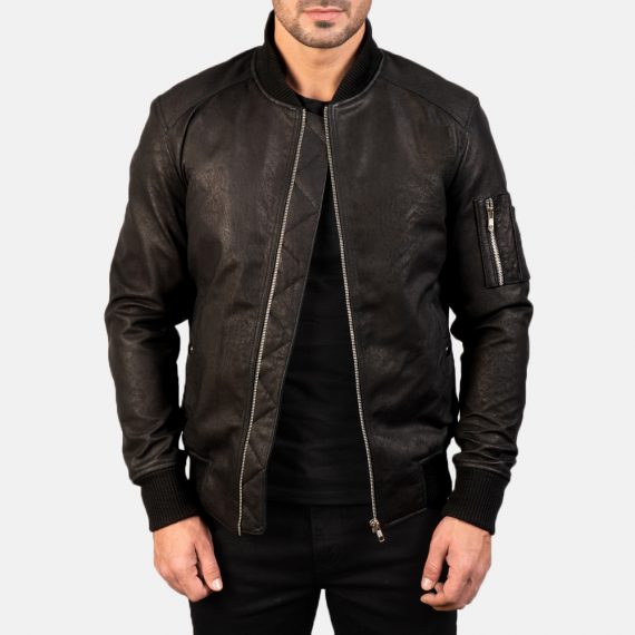 Bomia Ma-1 Distressed Black Leather Bomber Jacket front
