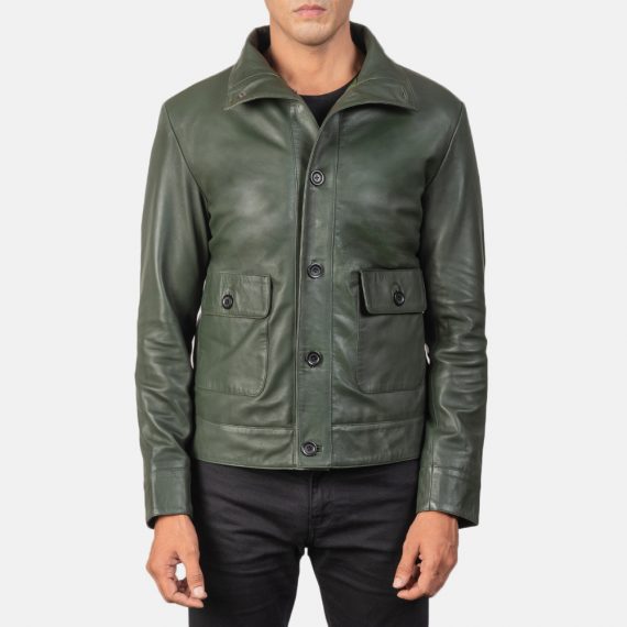 Columbus Green Leather Bomber Jacket front