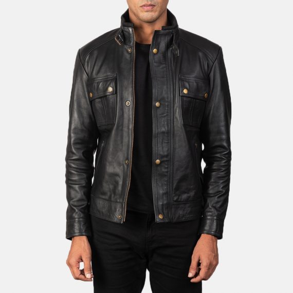 Darren Black Leather Biker Jacket front