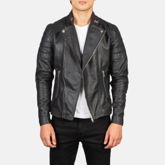 Faisor Black Leather Biker Jacket front