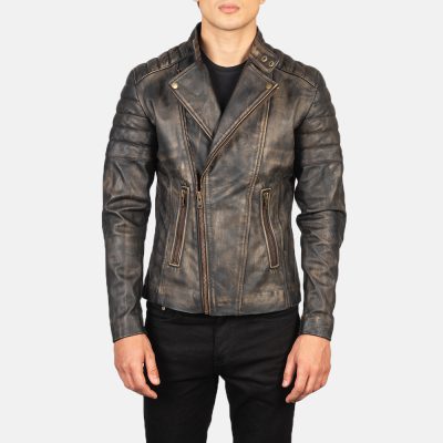 Faisor Distressed Brown Leather Biker Jacket front
