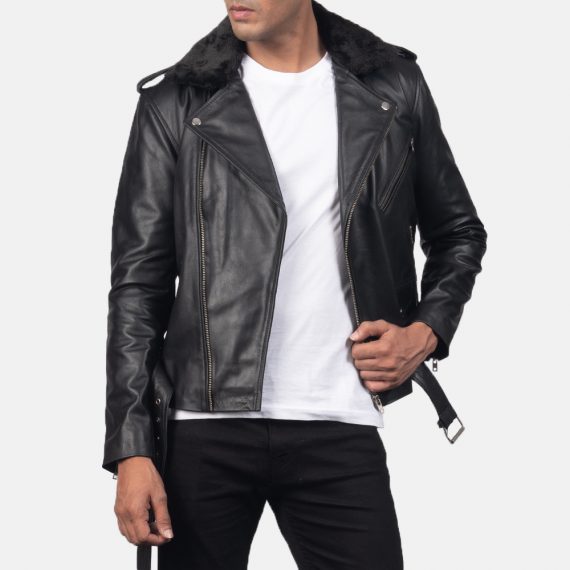 Furton Black Leather Biker Jacket front