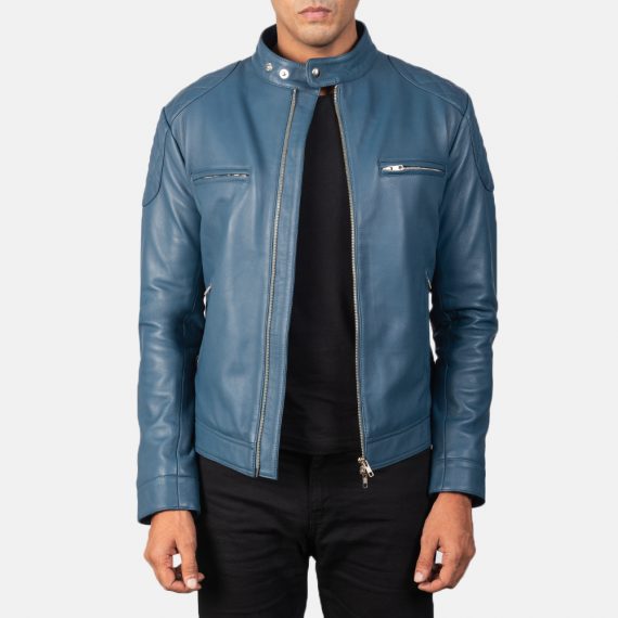 Gatsby Blue Leather Biker Jacket front