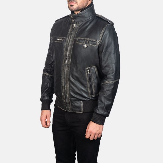 Glen Street Black Leather Bomber Jacket front