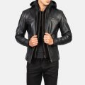 Hector Black Hooded Leather Biker Jacket front