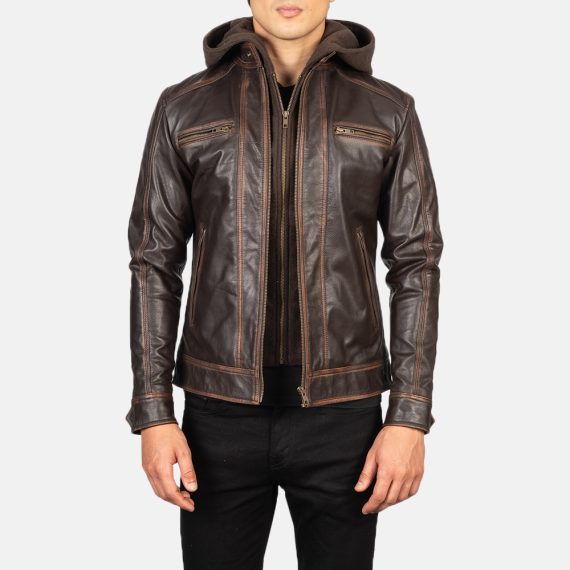 Hector Vintage Brown Hooded Leather Biker Jacket front