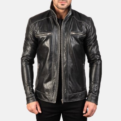 Hudson Black Leather Biker Jacket front
