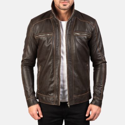 Hudson Brown Leather Biker Jacket front