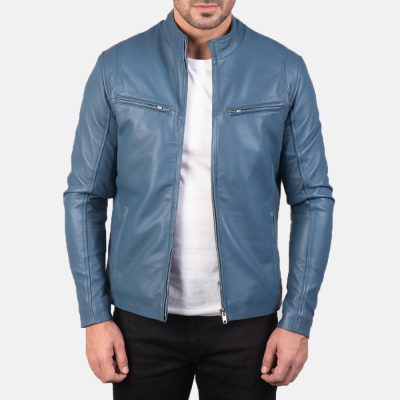 Ionic Blue Leather Biker Jacket front