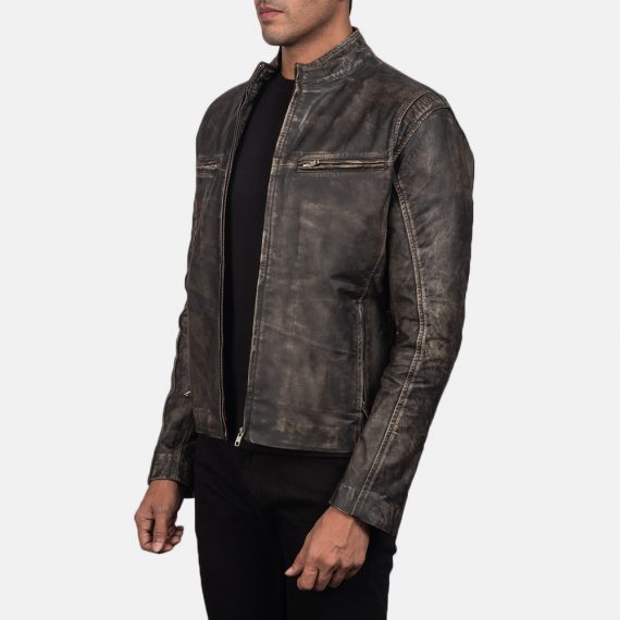 Ionic Distressed Brown Leather Biker Jacket front
