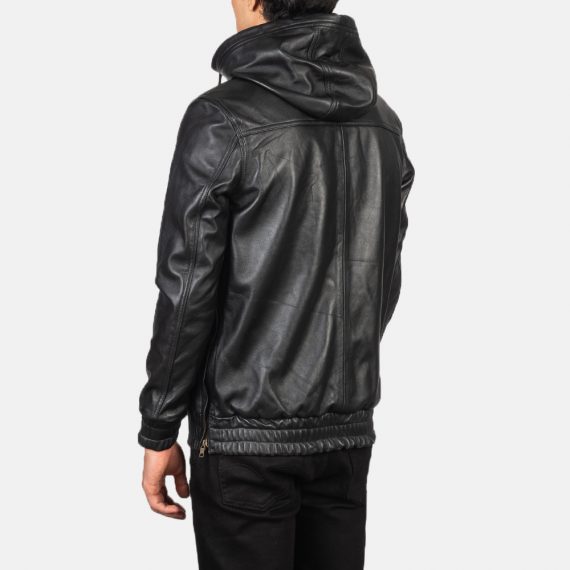 Kenton Hooded Black Leather Pullover Jacket back