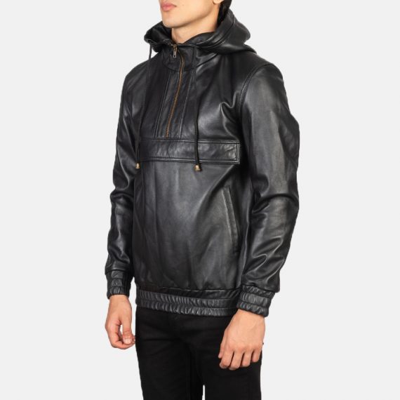 Kenton Hooded Black Leather Pullover Jacket front