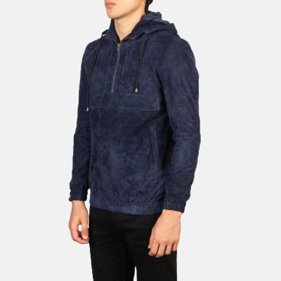 Kenton Hooded Blue Suede Pullover Jacket front
