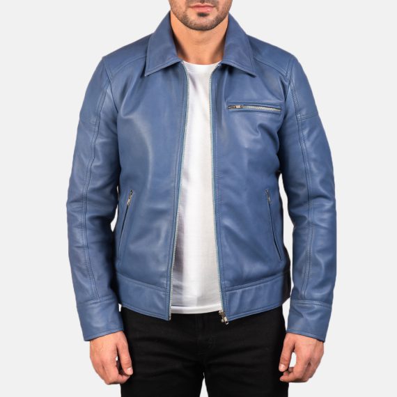 Lavendard Blue Leather Biker Jacket front