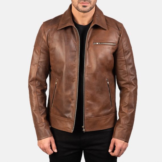 Lavendard Brown Leather Biker Jacket front