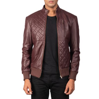 Moda Maroon Leather Bomber Jacket front