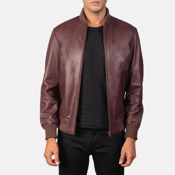 Shane Maroon Leather Bomber Jacket front