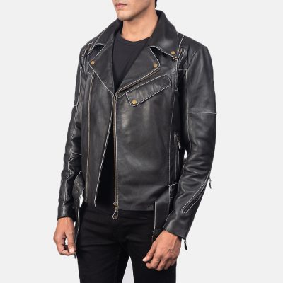 Vincent Black Leather Biker Jacket front