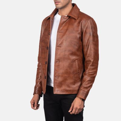 Waffle Brown Leather Jacket front