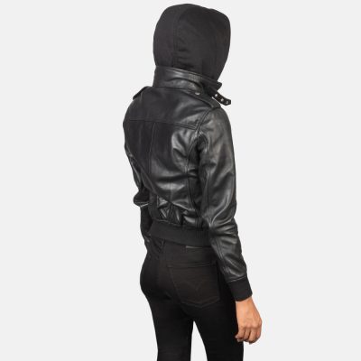 Roslyn Black Hooded Leather Bomber Jacket back