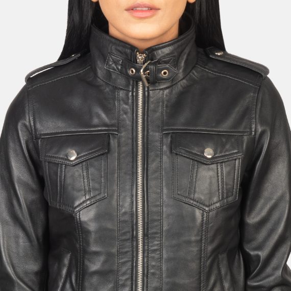 Roslyn Black Hooded Leather Bomber Jacket zoom
